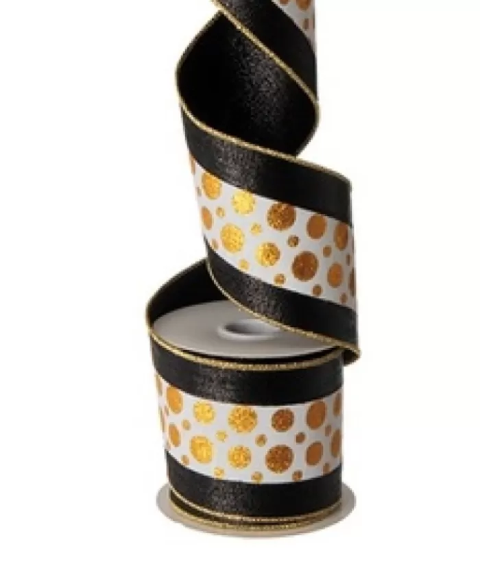 Boutique de Noël 4" X 10Yds Ruban Noir, Blanc Et Or Polka Dot