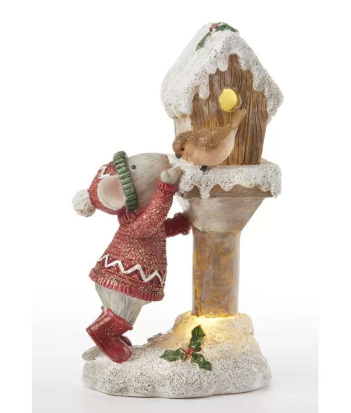 Boutique de Noël Bird House, With Friendly Mouse, Led Lit, 6.5" Tall