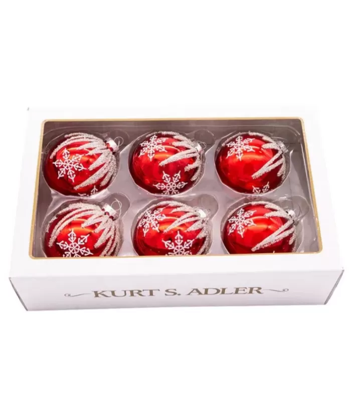 Boutique de Noël Box Of 6 Red Glass Jewelled Glass Balls, Snowflake Design 80Mm