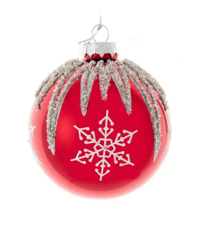 Boutique de Noël Box Of 6 Red Glass Jewelled Glass Balls, Snowflake Design 80Mm