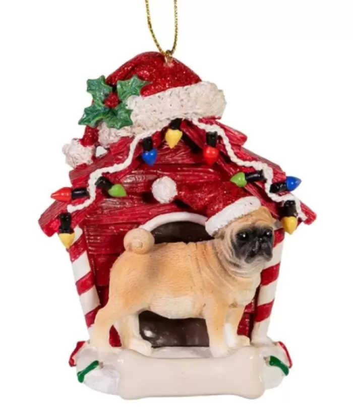 Boutique de Noël Brown Pug Ornament With Doghouse