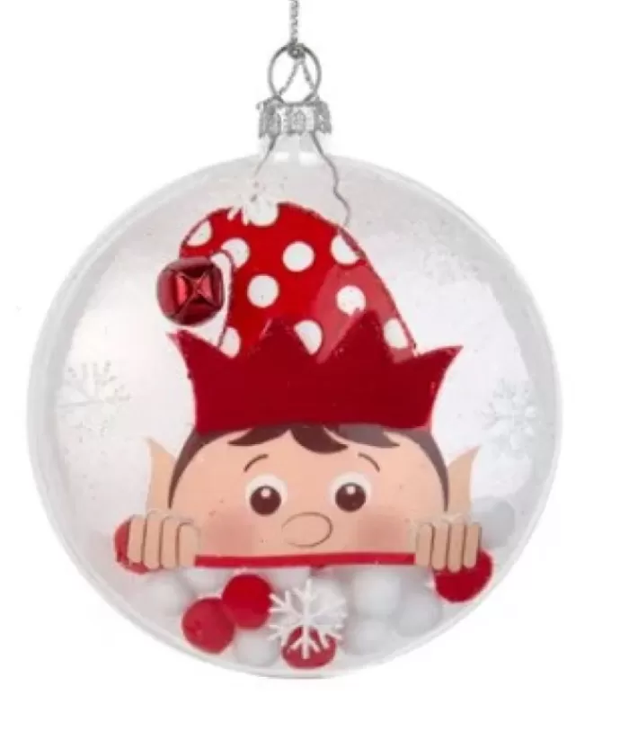 Boutique de Noël Clear Glass Ornament With Elf Motif And Snow Ball Filling, 4" Large