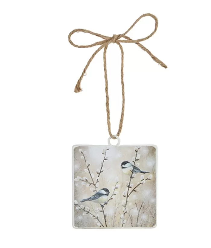 Boutique de Noël Flat Glass Ornament, Chickadees On Pussy Willow