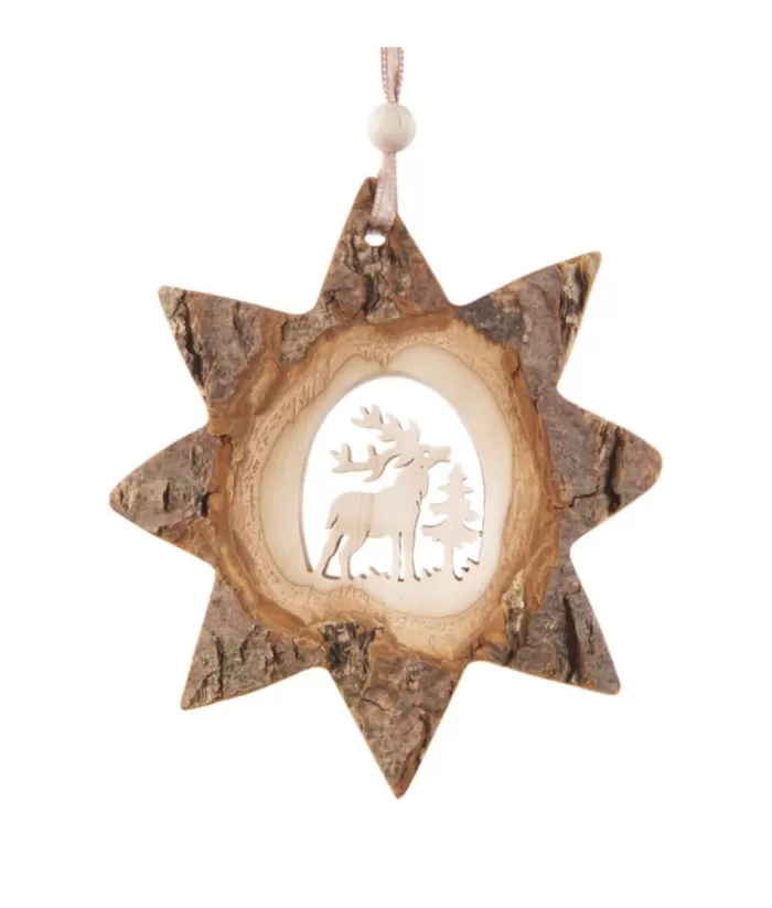 Boutique de Noël German Wood, Ornament, 8 Pointed Star Shape With Stag In Forest, Carved In Centre, 10Cm