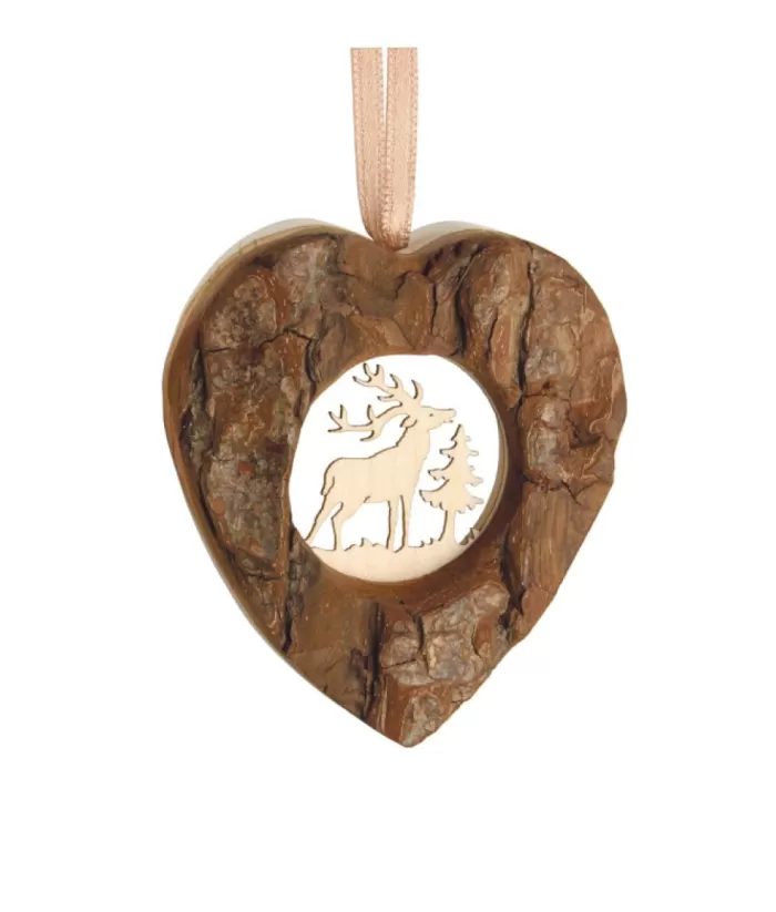 Boutique de Noël German Wood, Ornament, Heart Shape With Carved Elk