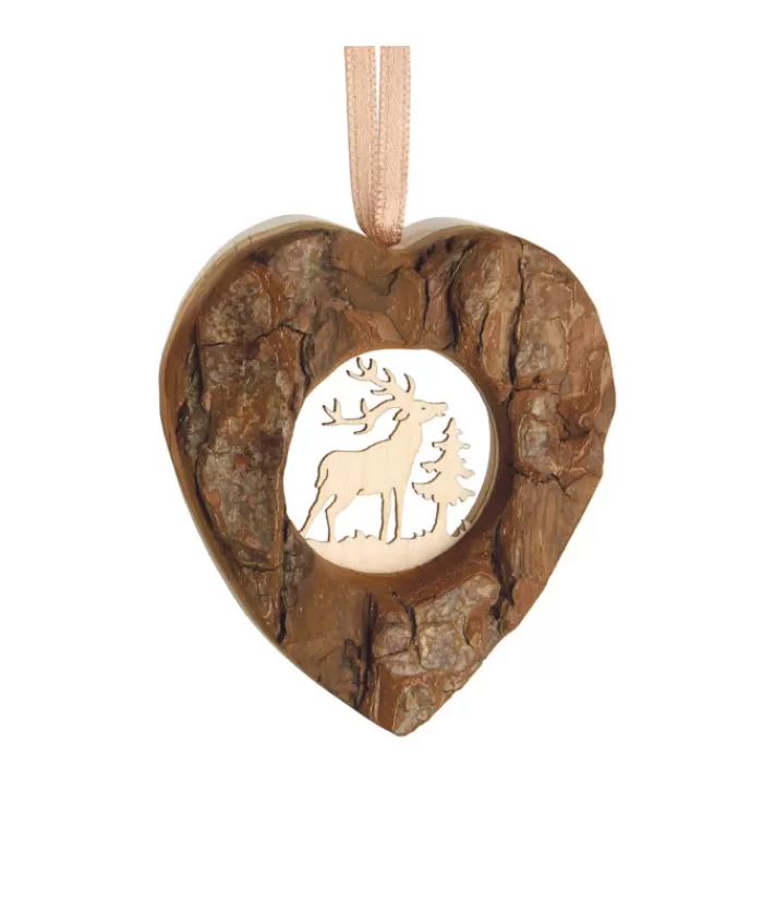 Boutique de Noël Animaux*German Wood, Ornament, Heart Shape With Carved Elk