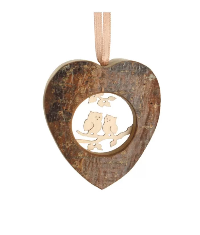 Boutique de Noël German Wood, Ornament, Heart Shape With Carved Owls