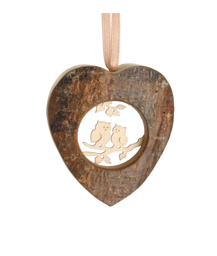 Boutique de Noël Animaux*German Wood, Ornament, Heart Shape With Carved Owls