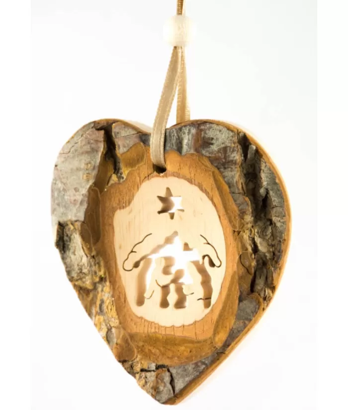 Boutique de Noël German Wood, Ornament, Heart Shape With Nativity Scene