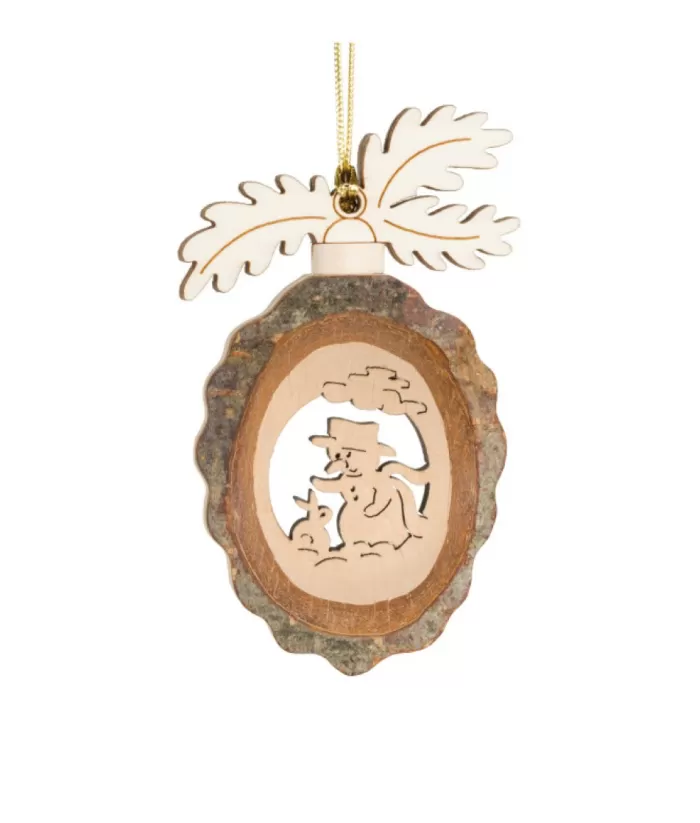 Boutique de Noël German Wooden Ornament, Acorn Shape With Oak Leaves, Snowman With Rabbit Engraving, 9Cm