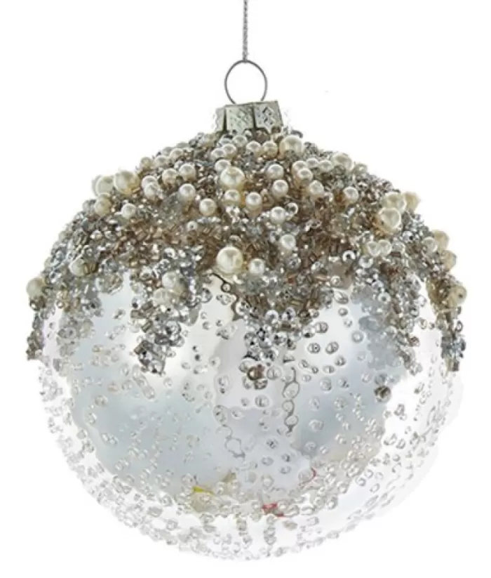 Boutique de Noël Glass Ball Ornament, Silver And Ice Spangling, With Fake Pearls