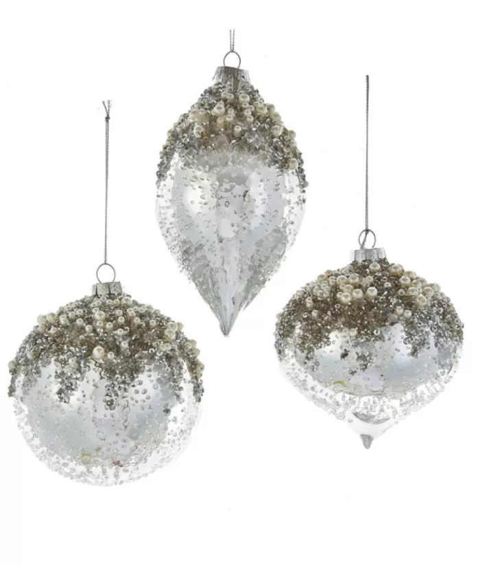 Boutique de Noël Glass Ball Ornament, Silver And Ice Spangling, With Fake Pearls