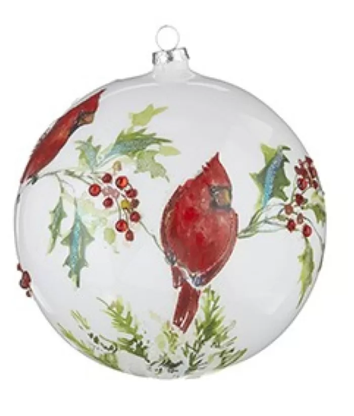 Boutique de Noël Glass Ball Ornament, With Cardinals On Holly Branch, 6"