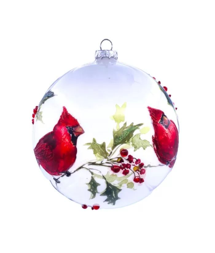 Boutique de Noël Glass Ball Ornament, With Cardinals On Holly Branch, 6"