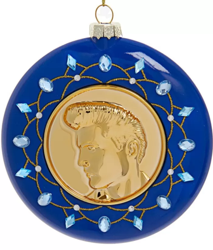 Boutique de Noël Glass Ornament, Gold And Blue Disc With Elvis' Likeness
