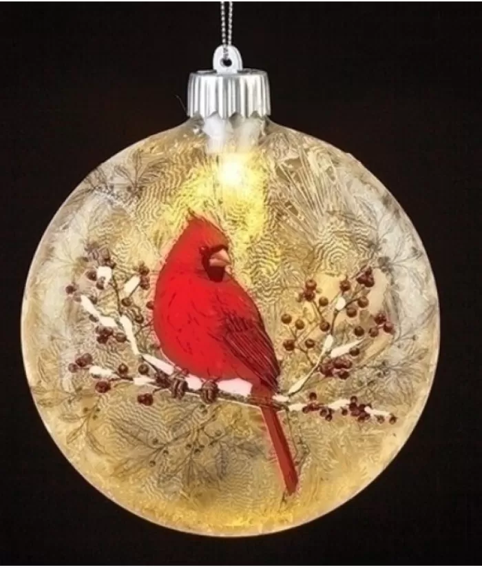 Boutique de Noël Produits Usb & Del*Glass Ornament, Led, Cardinal On Holly Bough Design