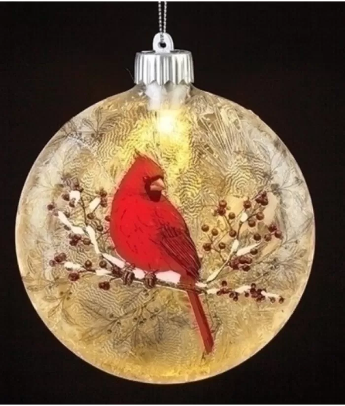 Boutique de Noël Glass Ornament, Led, Cardinal On Holly Bough Design