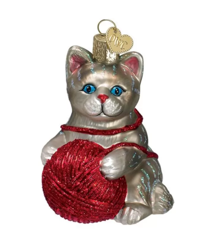 Boutique de Noël Grey/Red Kitten Glass Ornament