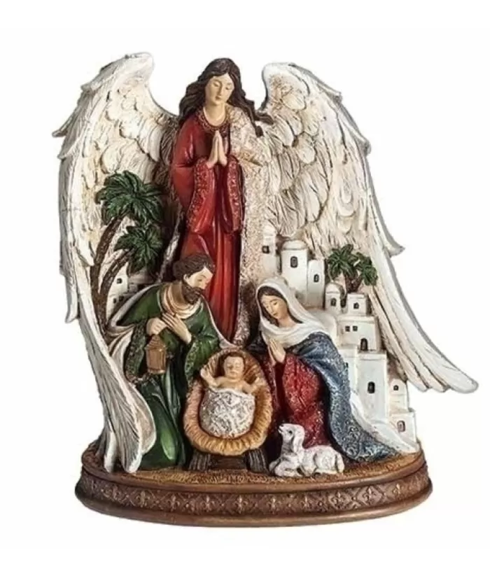 Boutique de Noël Holy Family With Angel And Town Of Bethlehem Figurine, 9" Tall