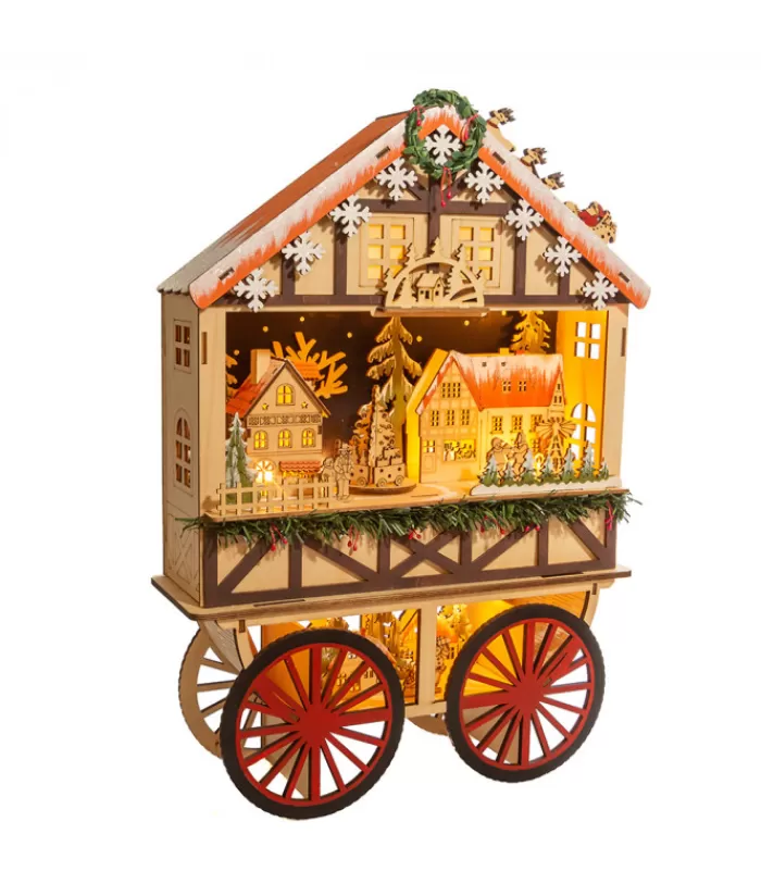 Boutique de Noël Villages Nordiques*Musical Wooden Wagon With Christmas Village Scene