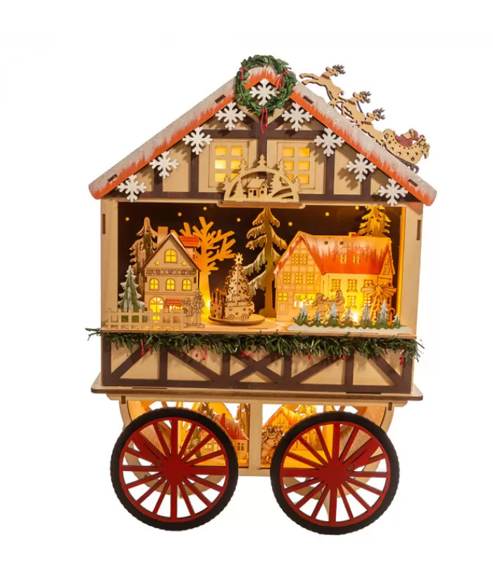 Boutique de Noël Villages Nordiques*Musical Wooden Wagon With Christmas Village Scene