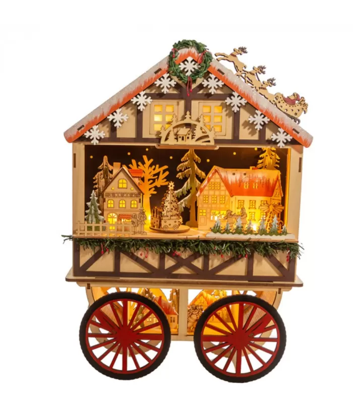 Boutique de Noël Musical Wooden Wagon With Christmas Village Scene