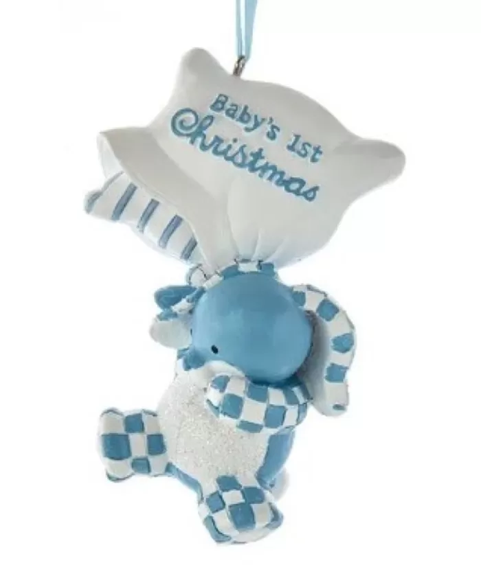 Boutique de Noël Ornament, Blue Baby Bunny. "Baby'S First Christmas"