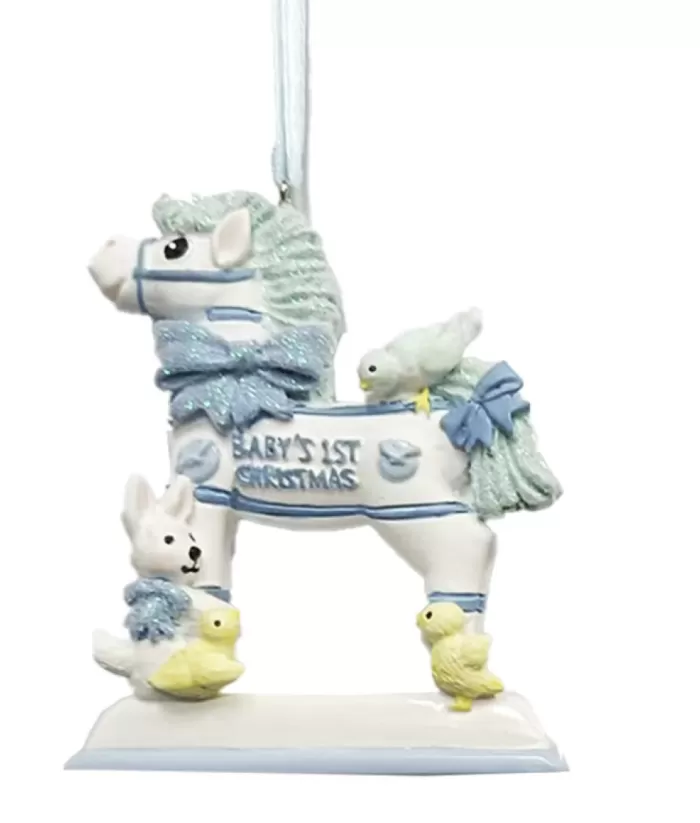 Boutique de Noël Ornament, Blue Toy Horse. "Baby'S First Christmas"