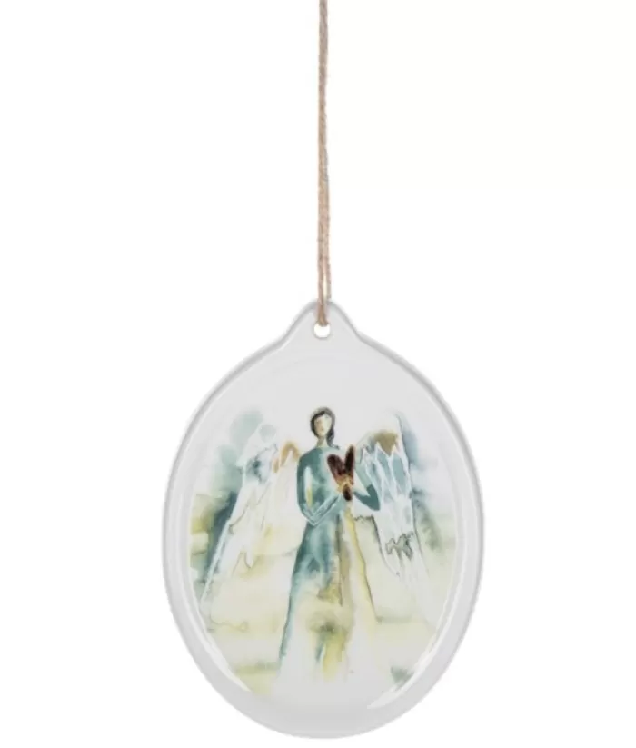 Boutique de Noël Ornament, Ceramic Disc, With Angel Painted In Watercolour