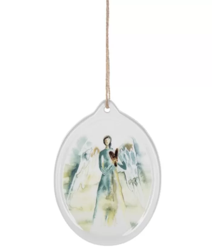 Boutique de Noël Anges & Père Noël*Ornament, Ceramic Disc, With Angel Painted In Watercolour