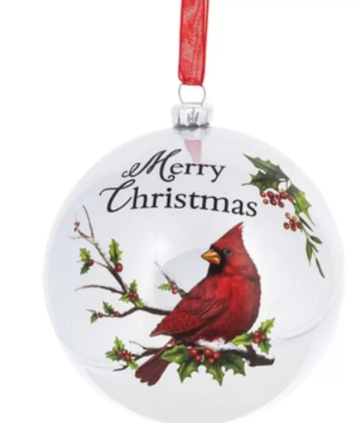 Boutique de Noël Ornament, Glass Ball, Cardinal Perched On Holly Branch