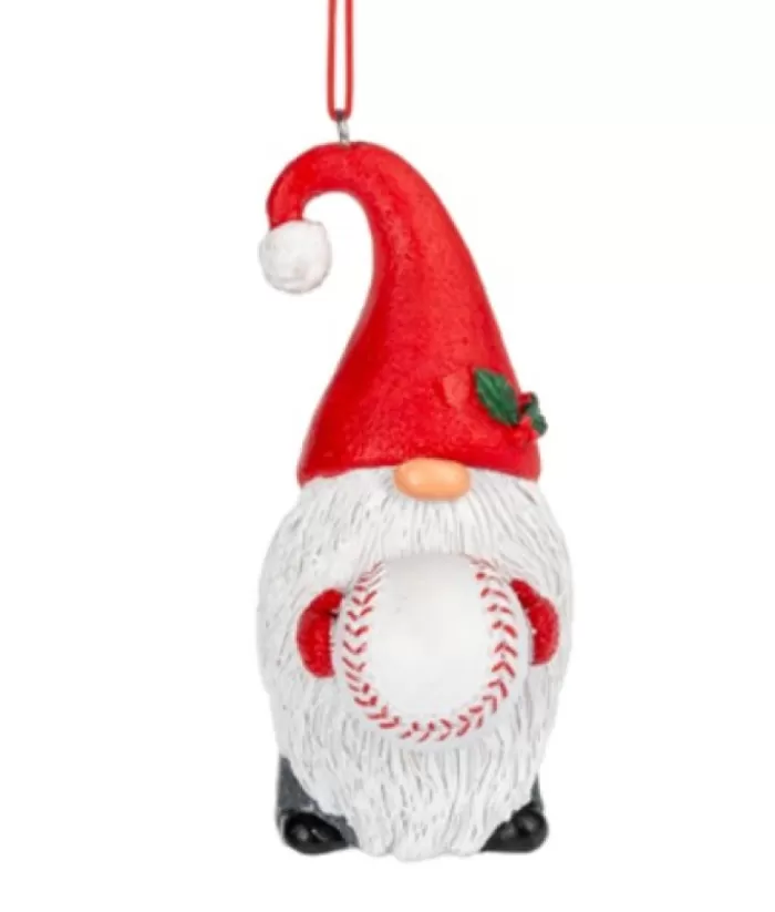 Boutique de Noël Ornament, Gnome With Baseball, In Resin