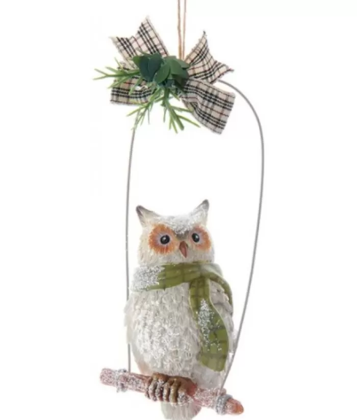 Boutique de Noël Ornament, Owl On Perch With Green Scarf.