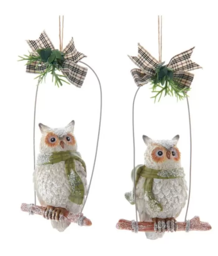 Boutique de Noël Ornament, Owl On Perch With Green Scarf.