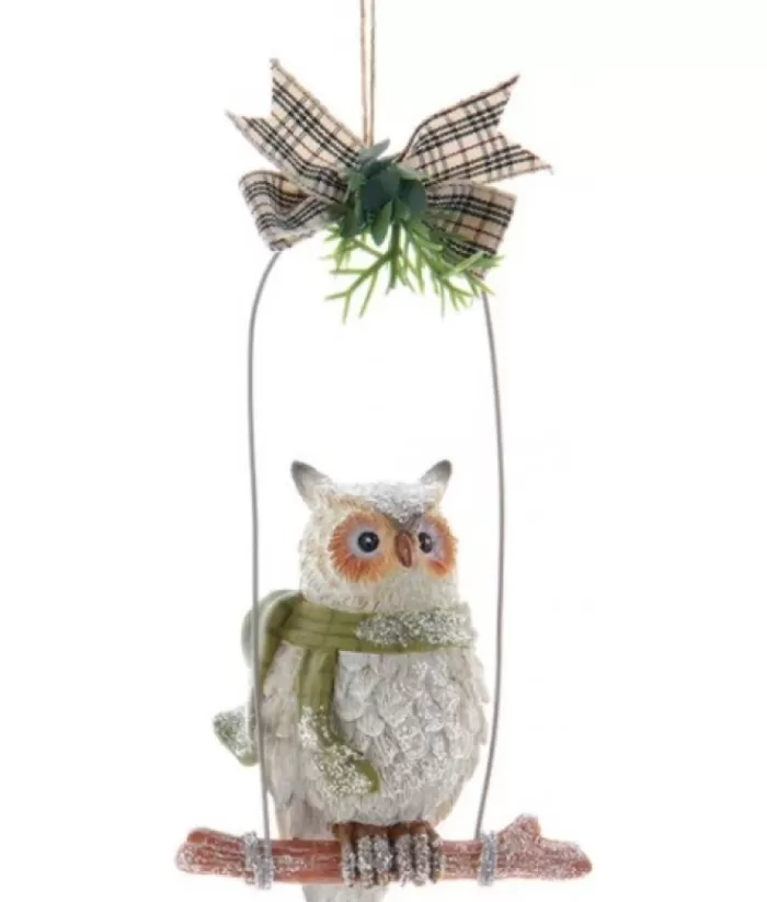 Boutique de Noël Ornament, Owl On Perch With Green Scarf.