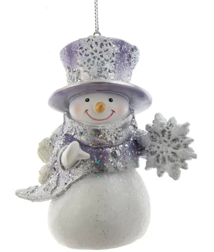 Boutique de Noël Ornament, Periwinkle Snowman, With Snowflake , Glittered