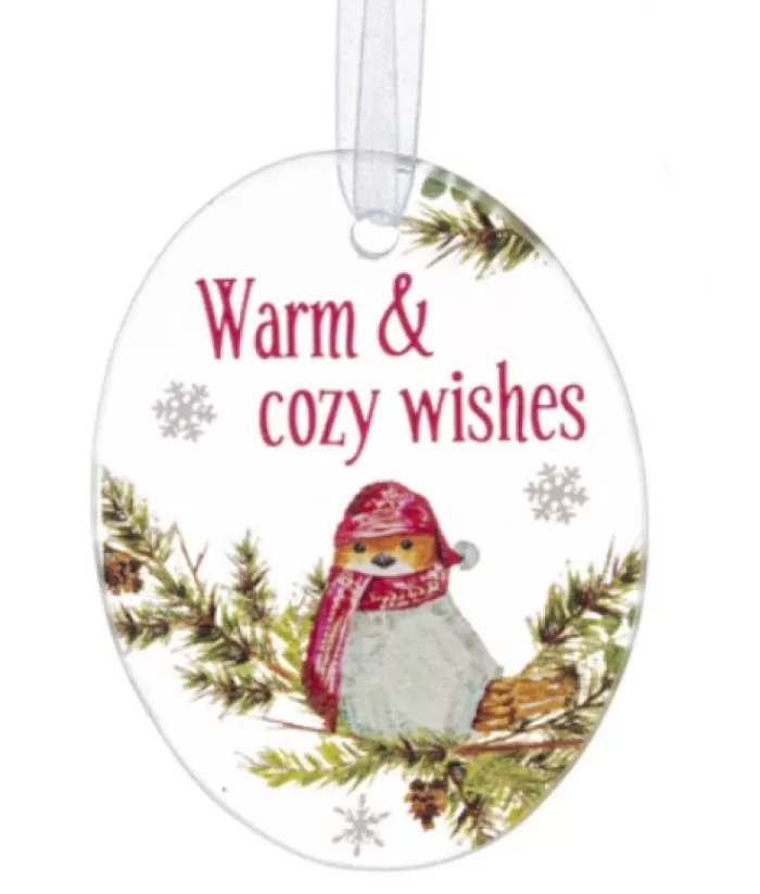 Boutique de Noël Sentiments*Ornament, Plaque With Bird Motif, With Message "Warm And Cozy Wishes"