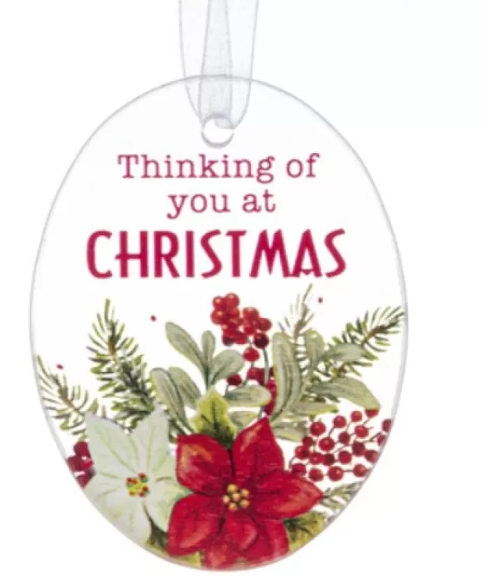 Boutique de Noël Sentiments*Ornament, Plaque With Poinsetta Motif, With Message "Thinking Of You At Christmas"