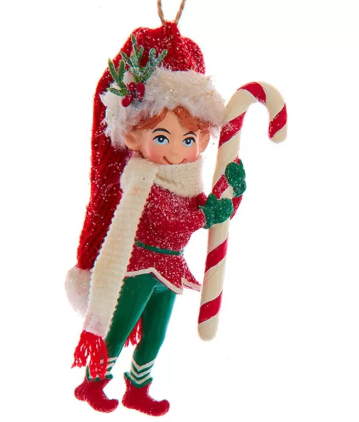 Boutique de Noël Ornament, "Red Hat" Christmas Elf With Candy Cane