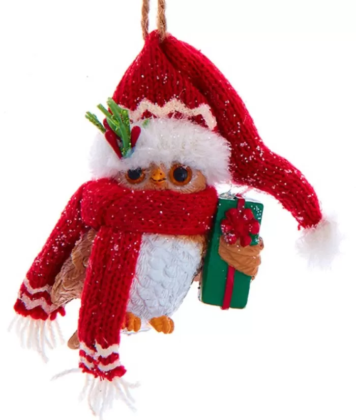 Boutique de Noël Animaux*Ornament, "Red Hat" Christmas Owl With Wrapped Gift