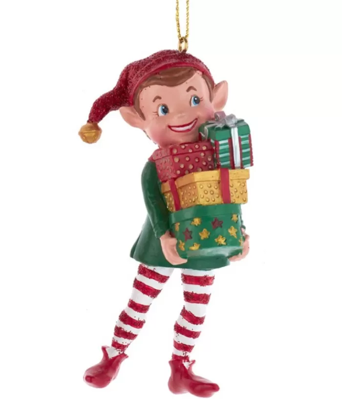 Boutique de Noël Ornament, "Red Hat", Elf With An Armful Of Gifts