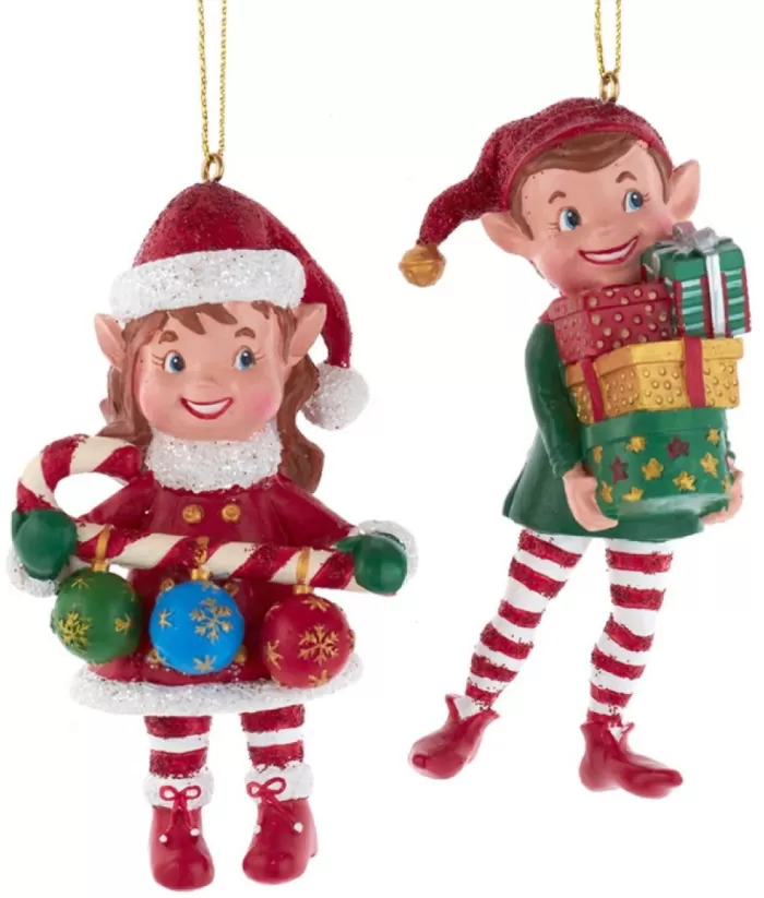 Boutique de Noël Ornament, "Red Hat", Elf With An Armful Of Gifts