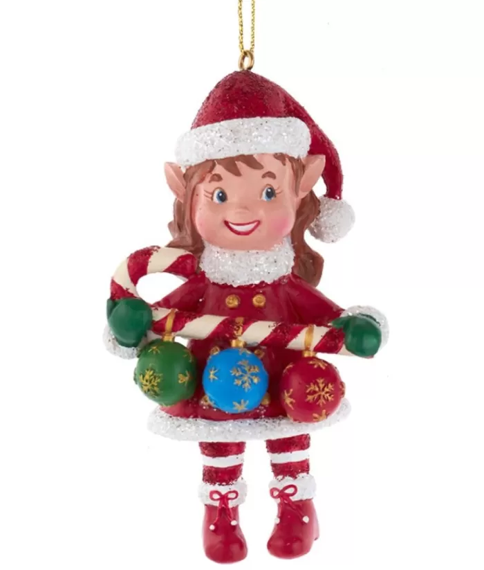 Boutique de Noël Ornament, "Red Hat", Miss Elf With Decorated Candy Cane