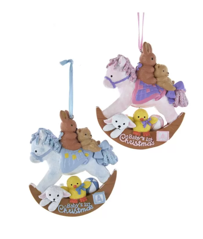 Boutique de Noël Ornament, Rocking Horse And Stuffed Animals. "Baby'S First Christmas"