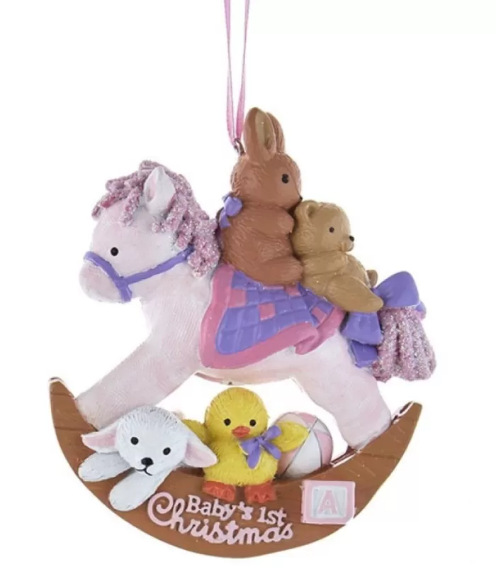 Boutique de Noël Ornament, Rocking Horse And Stuffed Animals. "Baby'S First Christmas"