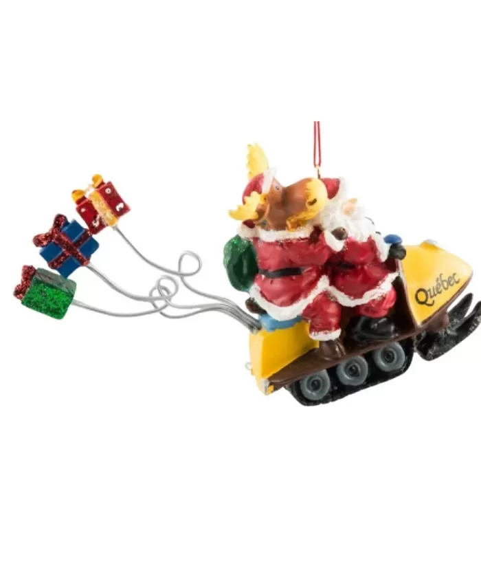 Boutique de Noël Ornament, Santa And Moose On Yellow Snowmobile