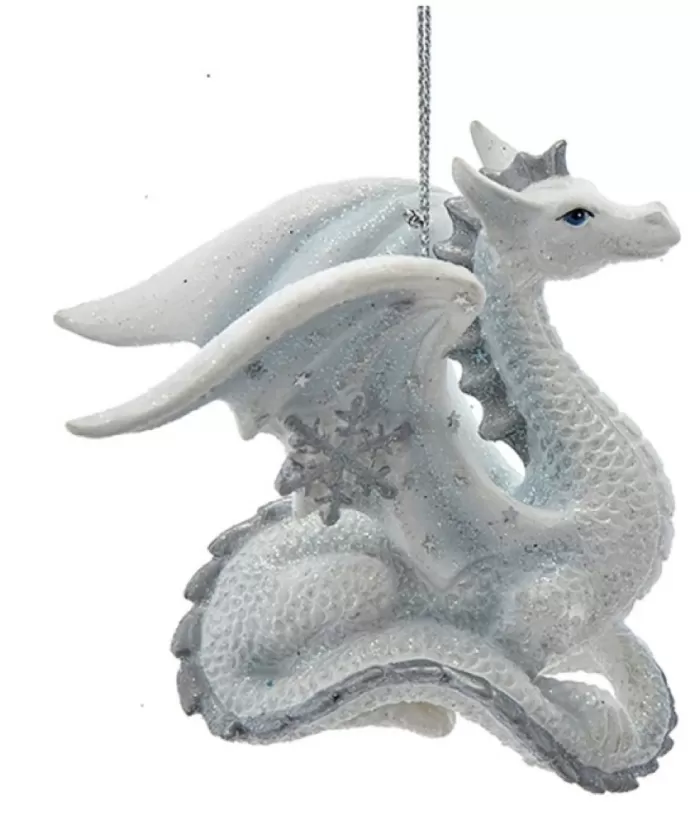 Boutique de Noël Ornament, Silver And White Spangled Dragon, Resting