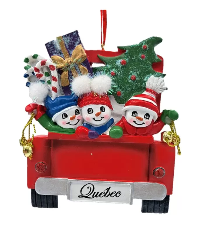 Boutique de Noël Ornament, Three Snowmen With Tree, Red Pickup Truck