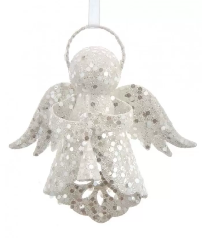 Boutique de Noël Anges & Père Noël*Ornament, White Sparkling Angel, With Her Wings Lowered.