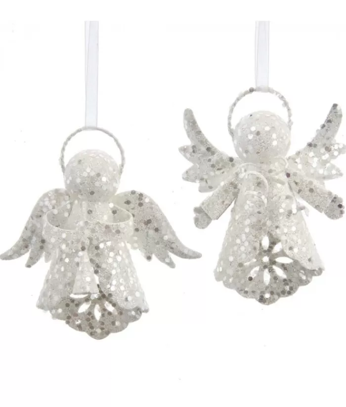 Boutique de Noël Anges & Père Noël*Ornament, White Sparkling Angel, With Her Wings Lowered.